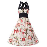 Women\'s Bow Cream Floral Dress , Black Collars Big Buttons Vintage Halter 50s Rockabilly Swing Dress