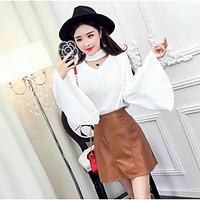 womens going out cute summer shirt skirt suits solid v neck long sleev ...