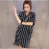 Women\'s Casual/Daily Loose Dress, Striped Shirt Collar Above Knee ½ Length Sleeve Polyester Summer Mid Rise Micro-elastic Thin