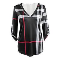 Women\'s Casual/Daily Vintage / Simple Fall / Winter T-shirtPlaid V Neck Sleeve Pink / White / Black Cotton / Rayon Thin