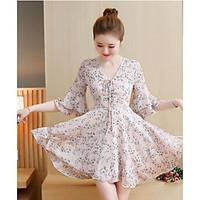 Women\'s Casual/Daily Simple Skater Dress, Print Round Neck Above Knee ½ Length Sleeve Rayon Summer High Rise Micro-elastic Medium