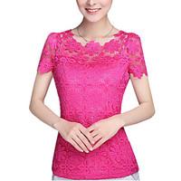 Women\'s Lace Summer Plus Size Solid Color Round Neck Short Sleeve Lace Blouse Slim Was Thin T-shirt Tops