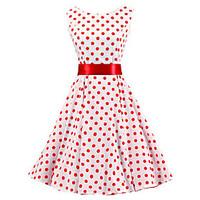 Women\'s White Red Polka Dot Dress , Vintage Sleeveless 50s Rockabilly Swing Short Cocktail Dress