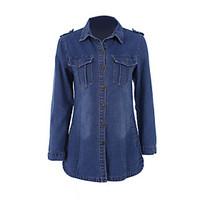 Women\'s Solid Blue Denim Coat , Vintage