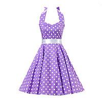 Women\'s Backless Purple White Polka Dot Dress, Vintage Halter 50s Rockabilly Swing Dress