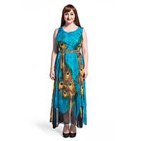 Women\'s Boho Beach Plus Size/Swing Dress, Animal Print Round Neck Maxi Sleeveless Blue Polyester Summer