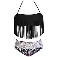 Women\'s Tassel Halter Fringed Floral Printed Bikini Swimsuit