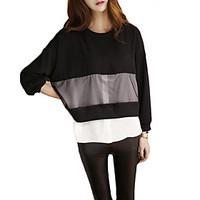 womens patchwork black blouse round neck long sleeve