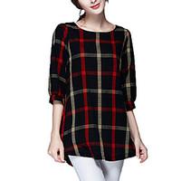 Women\'s Check Black Blouse, Round Neck ¾ Sleeve