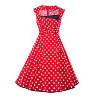 Women\'s Cut Out Party Vintage Sheath Dress, Polka Dot Square Neck Knee-length Sleeveless Cotton Polyester Red Summer High Rise