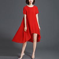 Women\'s Beach Boho Loose Chiffon Swing Dress Solid Round Neck Asymmetrical Short Sleeve Polyester Red Black Summer Mid Rise Inelastic