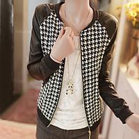 womens plaid pu patchwork zipper jackets casual round neck long sleeve