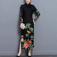 Women\'s Plus Size Going out Vintage Sheath Dress, Print Stand Maxi Long Sleeve Polyester Red Black Spring Mid Rise Micro-elastic