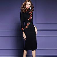 Women\'s Embroidery Plus Size Going out Chinoiserie Bodycon Dress, Embroidered Split Round Neck Midi Long Sleeve Polyester Black Spring Fall Mid Rise