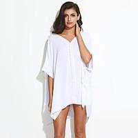 Women\'s Flare Sleeve Beach Simple Loose Dress, Solid V Neck Mini ¾ Sleeve White Cotton Summer