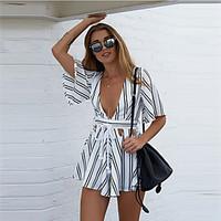 Women\'s Fine StripeBackless Striped White Jumpsuits, Sexy / Casual / Day Deep V ½ Length Sleeve