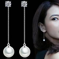 Women 925 Fine Silver Pearl Tassl Drop Zircon Earrings for Wedding Party