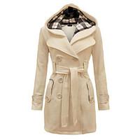 womens fashion slim double breasted solid color woolen hooded coat