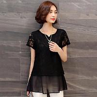 Women\'s Plus Size Casual/Daily Simple Spring Summer Blouse, Solid Round Neck Short Sleeve Black Acrylic Polyester Medium