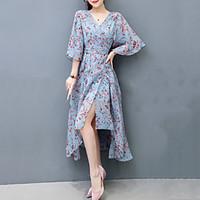 Women\'s Beach Holiday Street chic Swing Dress, Print V Neck Asymmetrical ½ Length Sleeve Flare Sleeve Polyester Blue Spring Summer Mid Rise