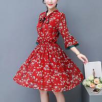 Women\'s Casual/Daily Vintage Swing Dress, Print Bow Asymmetrical Knee-length ¾ Sleeve Flare Sleeve Polyester Red Yellow Spring Mid Rise