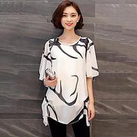 Women\'s Plus Size Casual/Daily Simple Spring Summer Blouse, Solid Print Round Neck Short Sleeve White Black Acrylic Polyester Medium