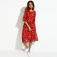 Women\'s Flare Sleeve Casual/Daily Boho/Street chic Plus Size/Chiffon Dress, Floral Round Neck Midi ½ Length Sleeve Red Silk Summer