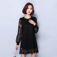 Women\'s Flare Sleeve/Lace Casual/Daily/Plus Size Street chic Shift Dress, Solid Round Neck Above Knee Long Sleeve Red/White/Black Spring Mid Rise