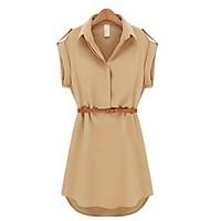 womens casual solid shirt collar short sleeve mini belted chiffon dres ...