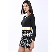 womens sexy print patchwork black dress bodycon round neck