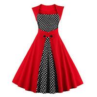 Women\'s Plus Size Casual/Daily Vintage Sheath Dress, Polka Dot Boat Neck Knee-length Sleeveless Blue Red Black Cotton Polyester SummerHigh
