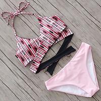 Women\'s Halter Bikini, Cross Floral Solid Polyester Pink Red Black