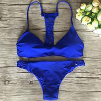 womens halter bikini solid polyester blue