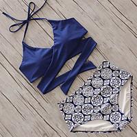 Women\'s High Waist Halter Bikini, Cross Floral Solid Sport Polyester Blue