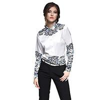 Women\'s Casual/Daily Work Chinoiserie Spring Summer Shirt, Embroidered Stand ¾ Sleeve White Cotton Medium