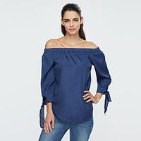 Women\'s Off The Shoulder Casual/Daily Street chic Summer Blouse, Solid Boat Neck Long Sleeve Blue / White / Gray Polyester Medium