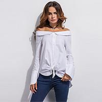 Women\'s Off The Shoulder Going out / Casual/Daily Simple / Street chic Summer / Fall ShirtSolid Boat Neck Long Sleeve White