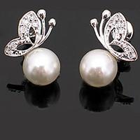 Women\'s Retro Fashion Butterfly Alloy Stud Earrings With Imitation Pearl