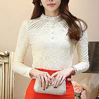 womens lace solid stand collar lace slim bottom blouse shirt