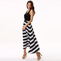 Women\'s Striped Black/White Dress, Maxi Round Neck Sleeveless