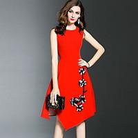 Women\'s Plus Size Going out Sophisticated A Line Dress, Solid Sequins Round Neck Asymmetrical Sleeveless Polyester Red Black SummerMid