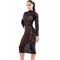 Women\'s Lace Sheer Crew Neck Midi Dress