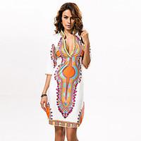 Women\'s Boho Vintage / Boho Sexy Slim National Style Elasticity Print Sheath Dress, Deep V Above Knee