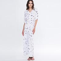 Women\'s Boho Holiday Boho/Street chic Loose/Shirt Dress, Print Shirt Collar Maxi Long Sleeve White Cotton/Polyester Summer