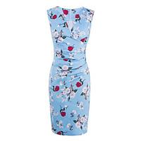 Women\'s Going out Casual/Daily Holiday Sexy Chinoiserie Bodycon Sheath Dress, Floral V Neck Knee-length Sleeveless Cotton Polyester Blue