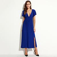 Women\'s Holiday / Plus Size Boho Dress, Solid Deep V Maxi Short Sleeve Blue Cotton / Polyester Summer