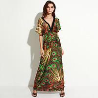 womens boho holiday plus size boho swing dress print deep v maxi sleev ...