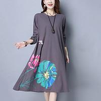 Women\'s Casual/Daily Street chic Loose Dress, Print Round Neck Midi Long Sleeve Cotton Linen Spring Fall Mid Rise Inelastic Medium