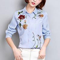 Women\'s Embroidery Going out Work Street chic Spring /Fall Fashion Loose Shirt Striped Embroidered Asymmetric Shirt Collar Blue Polyester