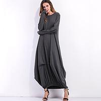 Women\'s Casual/Daily Street chic Loose Dress Solid Pleated Round Neck Maxi Long Sleeve Cotton Red /Black /Gray /Green Spring /Fall